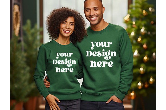 Christmas Couple Green Sweatshirt Mockup: Graphics for Christmas New Year